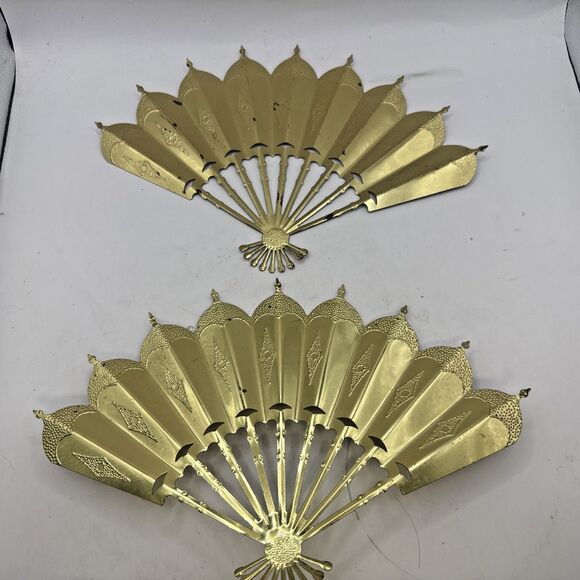 Vtg Home Interiors Gold Tone Fans Set Of 4 Wall Hanging Decor Oriental - Picture 5 of 7